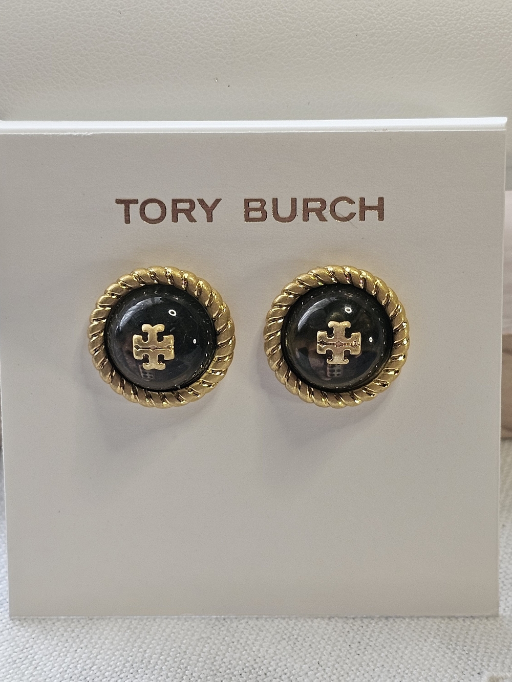 Tory Burch Black and Gold Logo Button Earrings
